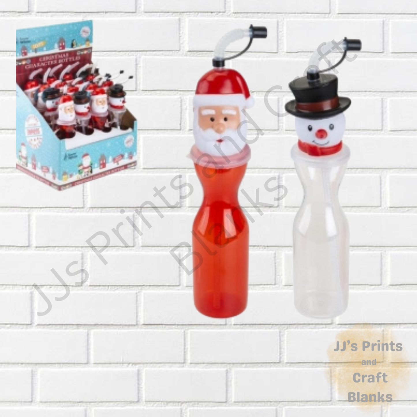 Santa / Snowman Head Plastic Bottle With Flexi Straw 500m