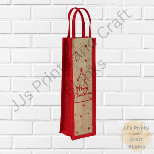 MERRY XMAS RED JUTE BOTTLE BAG