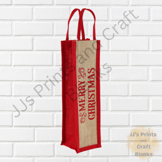 MERRY XMAS RED JUTE BOTTLE BAG