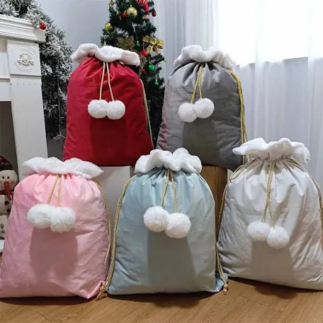 Large velvet  Christmas sacks with pom poms