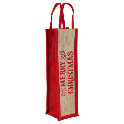 MERRY XMAS RED JUTE BOTTLE BAG