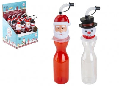 Santa / Snowman Head Plastic Bottle With Flexi Straw 500m